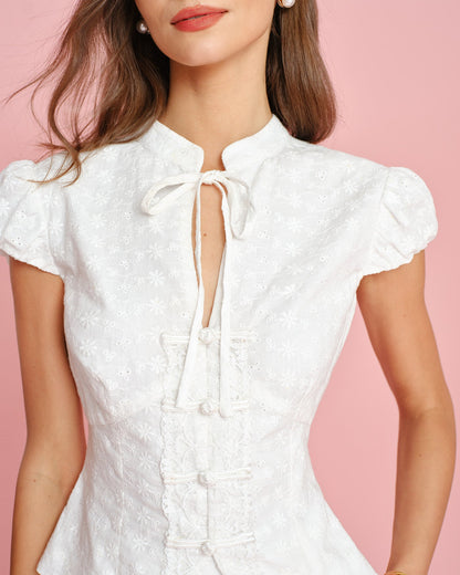 Blusa de Bordado con Cuello Mandarín Blanco