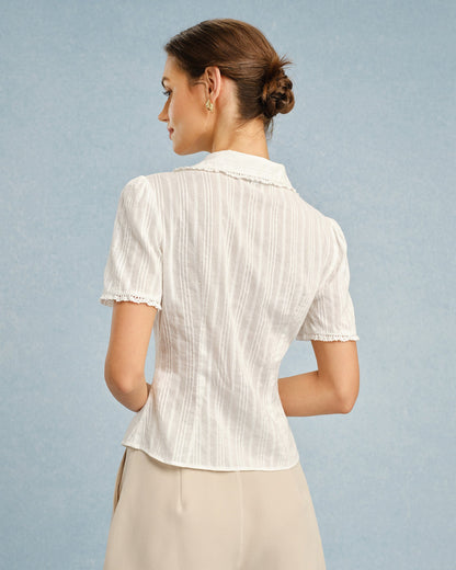 Blusa de Botones de Encaje de Cuello Blanco