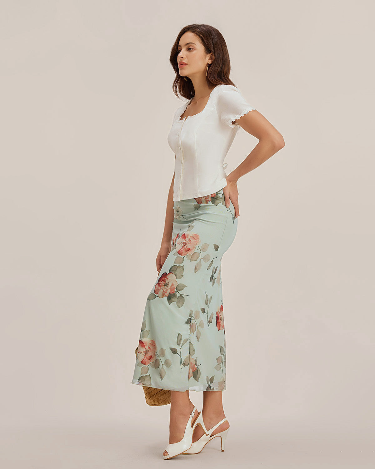Blusa de Encaje con Botones y Cuello Cuadrado Blanca