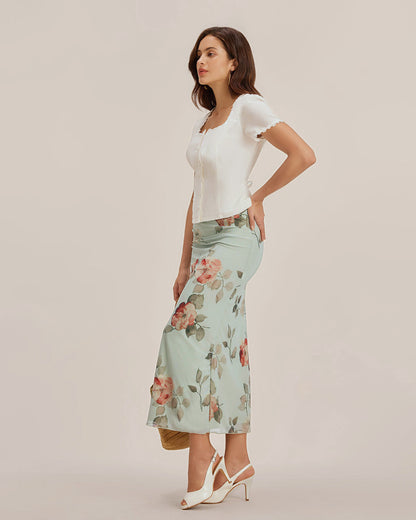 Blusa de Encaje con Botones y Cuello Cuadrado Blanca