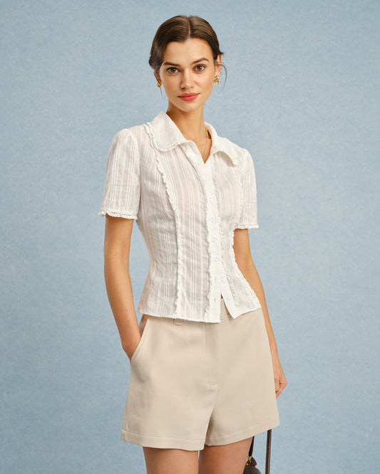 Blusa de Botones de Encaje de Cuello Blanco