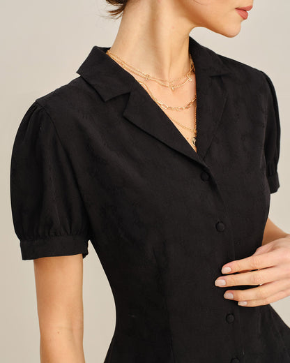 Blusa con Botones y Cuello Bordado Negro