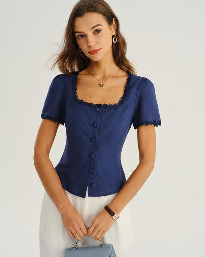 Blusa de Botones con Cuello Cuadrado en Azul Marino