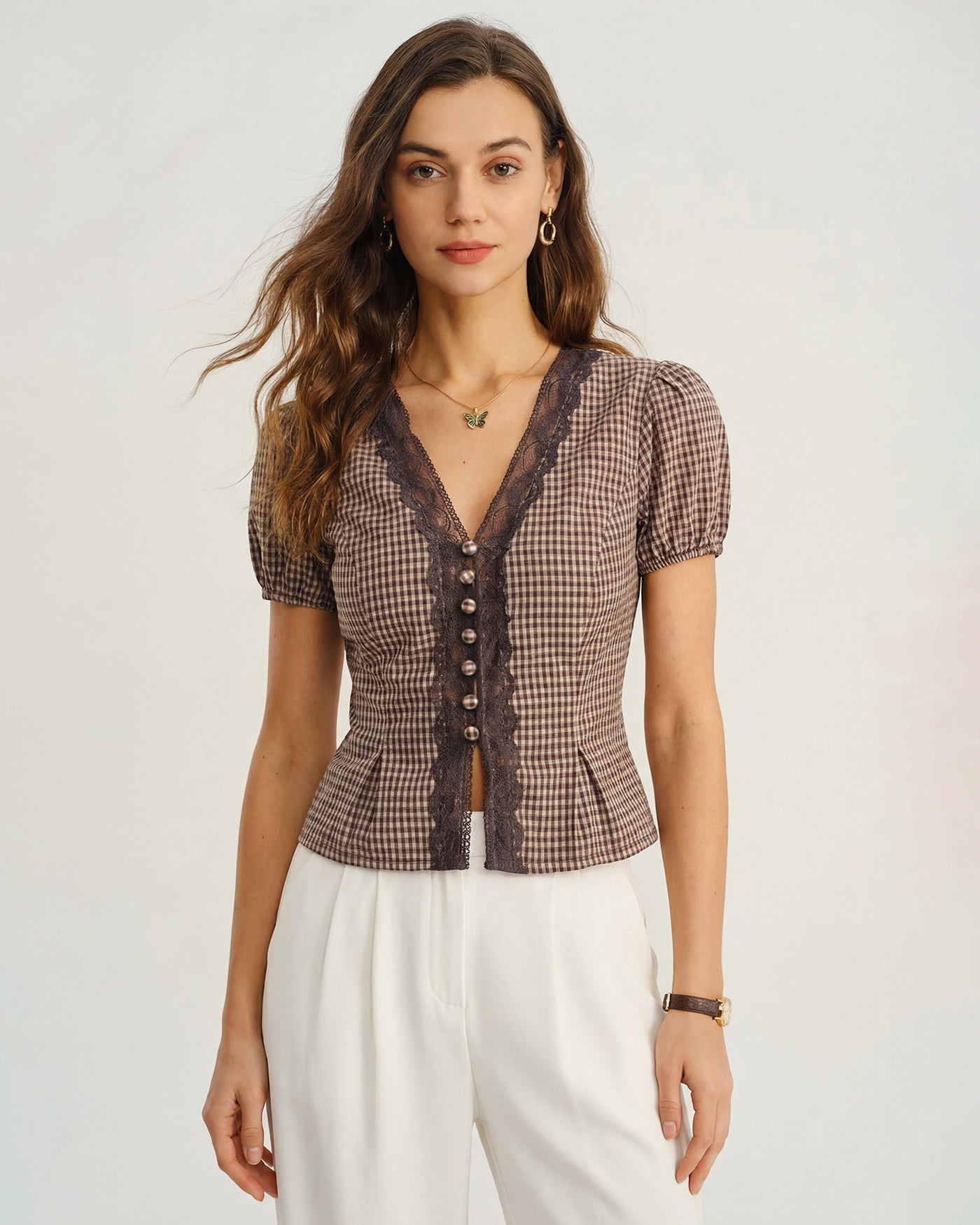 Blusa de Cuello en V Marrón con Mangas Abullonadas a Cuadros