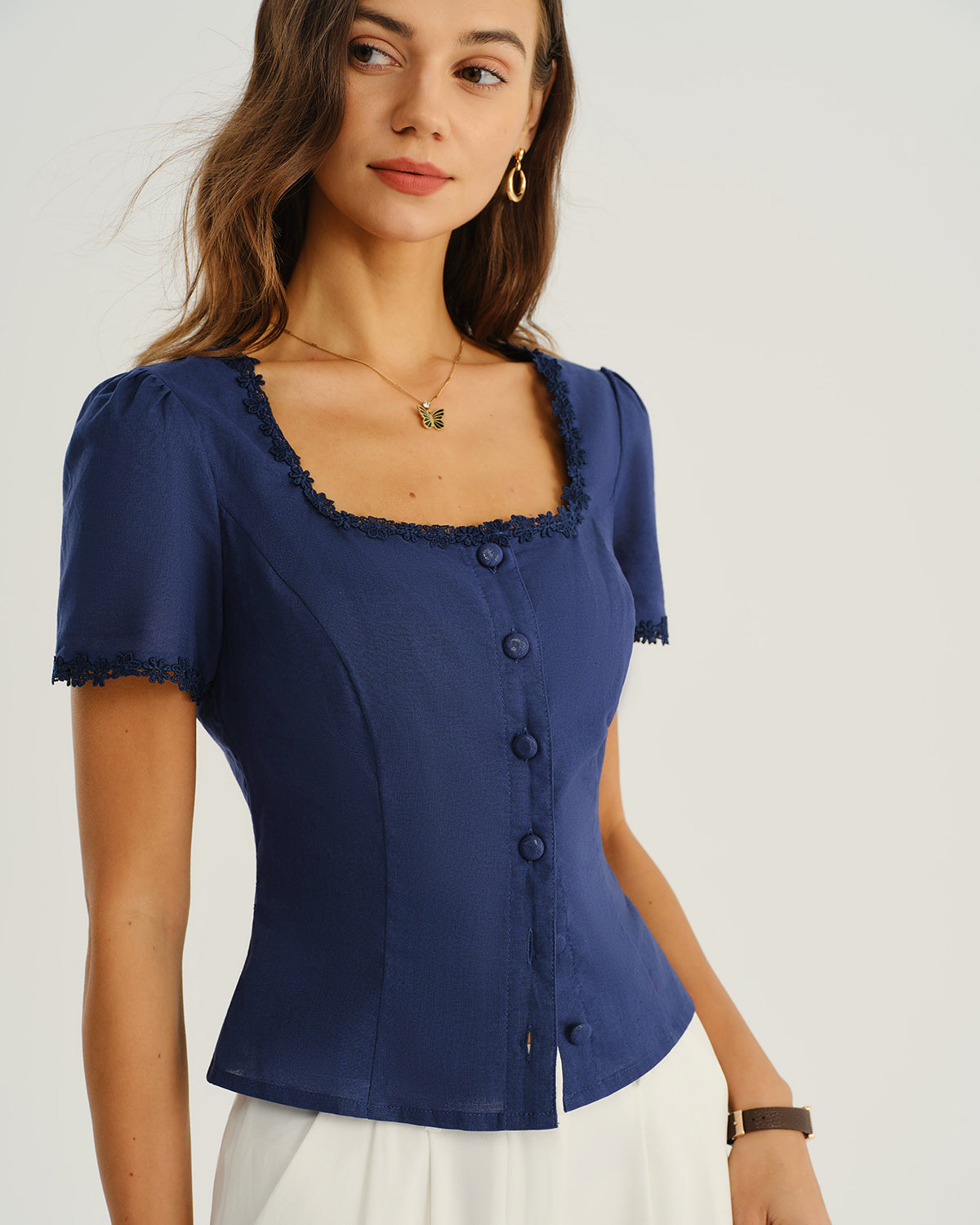 Blusa de Botones con Cuello Cuadrado en Azul Marino
