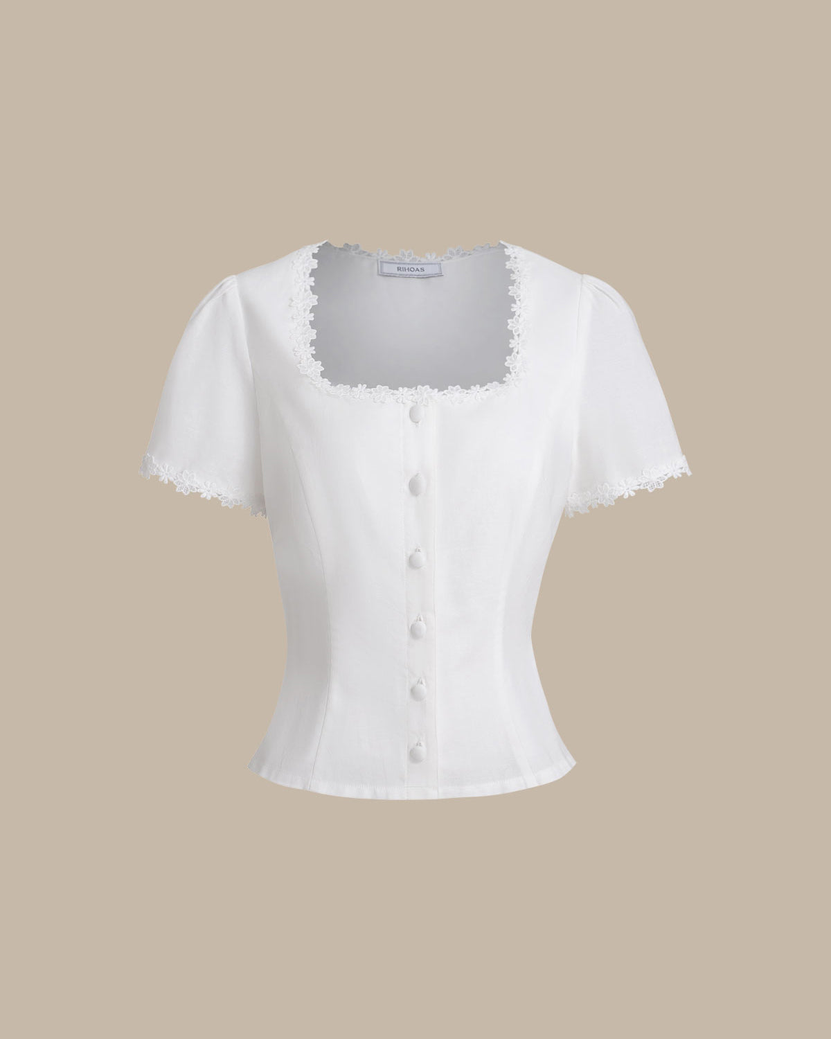 Blusa de Encaje con Botones y Cuello Cuadrado Blanca