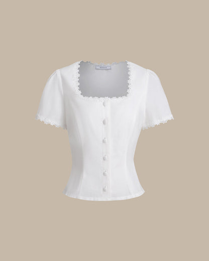 Blusa de Encaje con Botones y Cuello Cuadrado Blanca