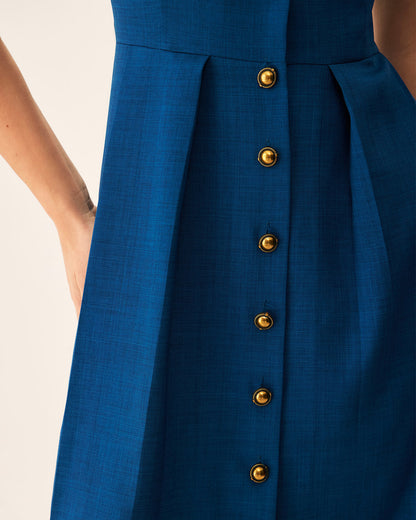Vestido Midi Con Botones Plisado Azul Con Escote En V