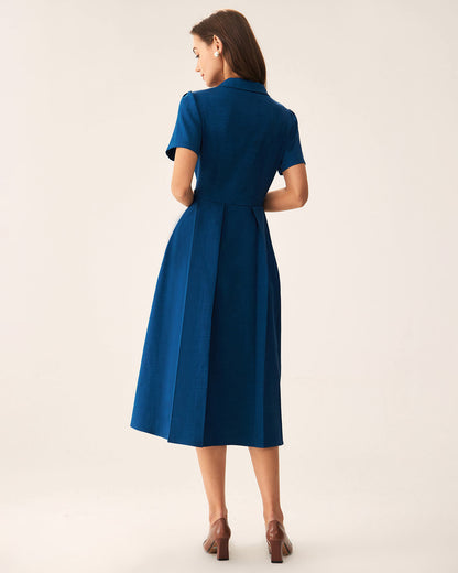 Vestido Midi Con Botones Plisado Azul Con Escote En V