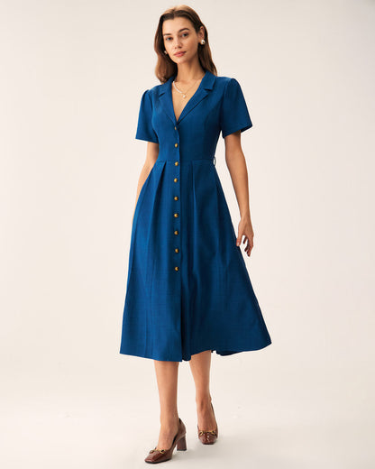 Vestido Midi Con Botones Plisado Azul Con Escote En V