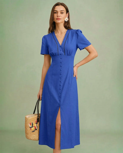 Vestido Midi A-Line de Botones con Escote en V Azul