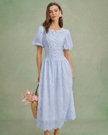 Vestido Midi Texturizado Floral Azul