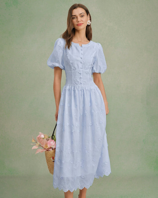 Vestido Midi Texturizado Floral Azul