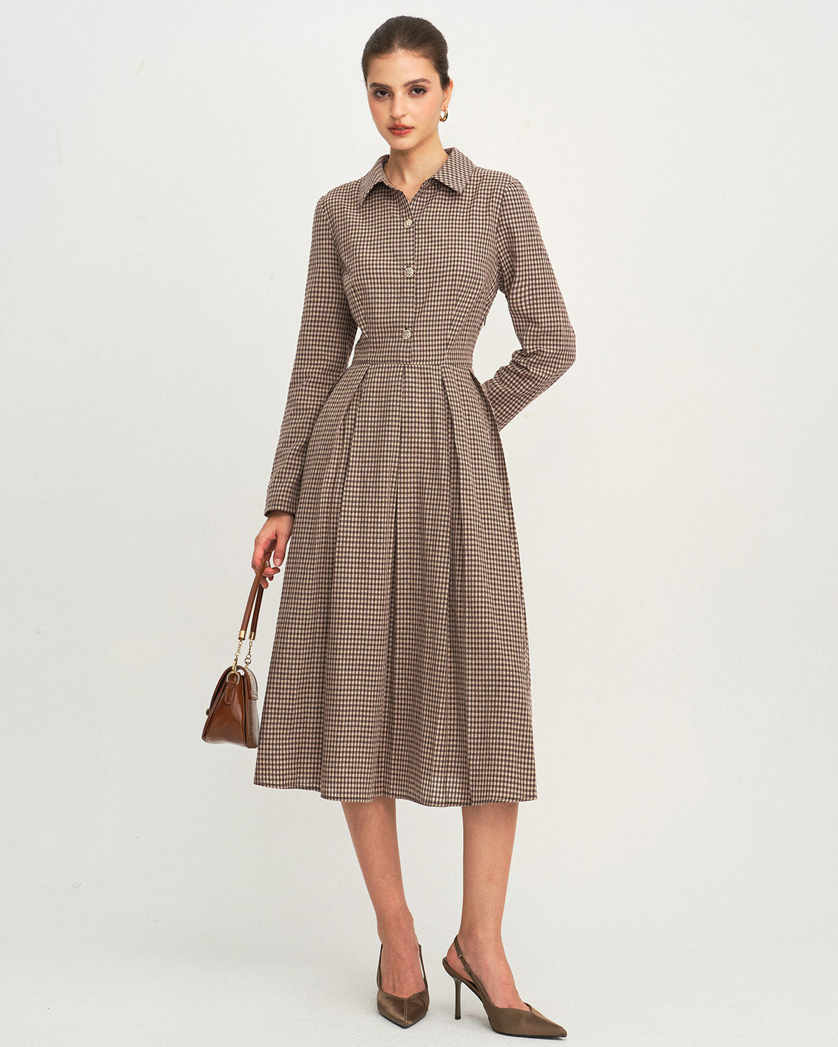 Vestido Midi A-Line de Cuadros Marrón