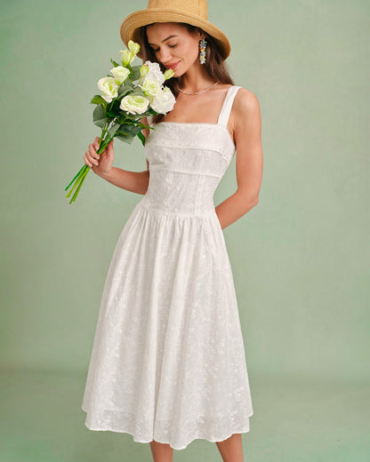 Vestido Midi Deslizante de Cuello Cuadrado Blanco