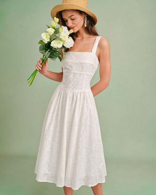 Vestido Midi Deslizante de Cuello Cuadrado Blanco
