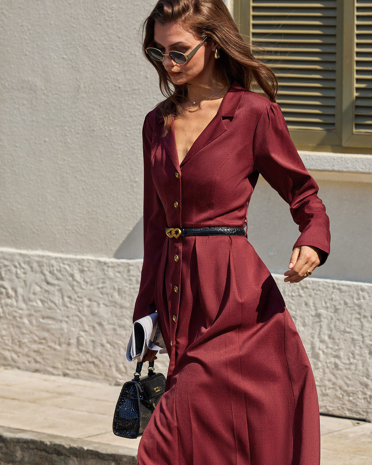 Vestido Midi A-Line Arrugado Color Rojo Vino