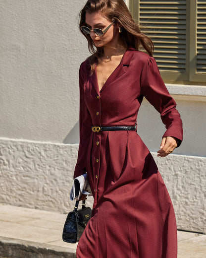 Vestido Midi A-Line Arrugado Color Rojo Vino