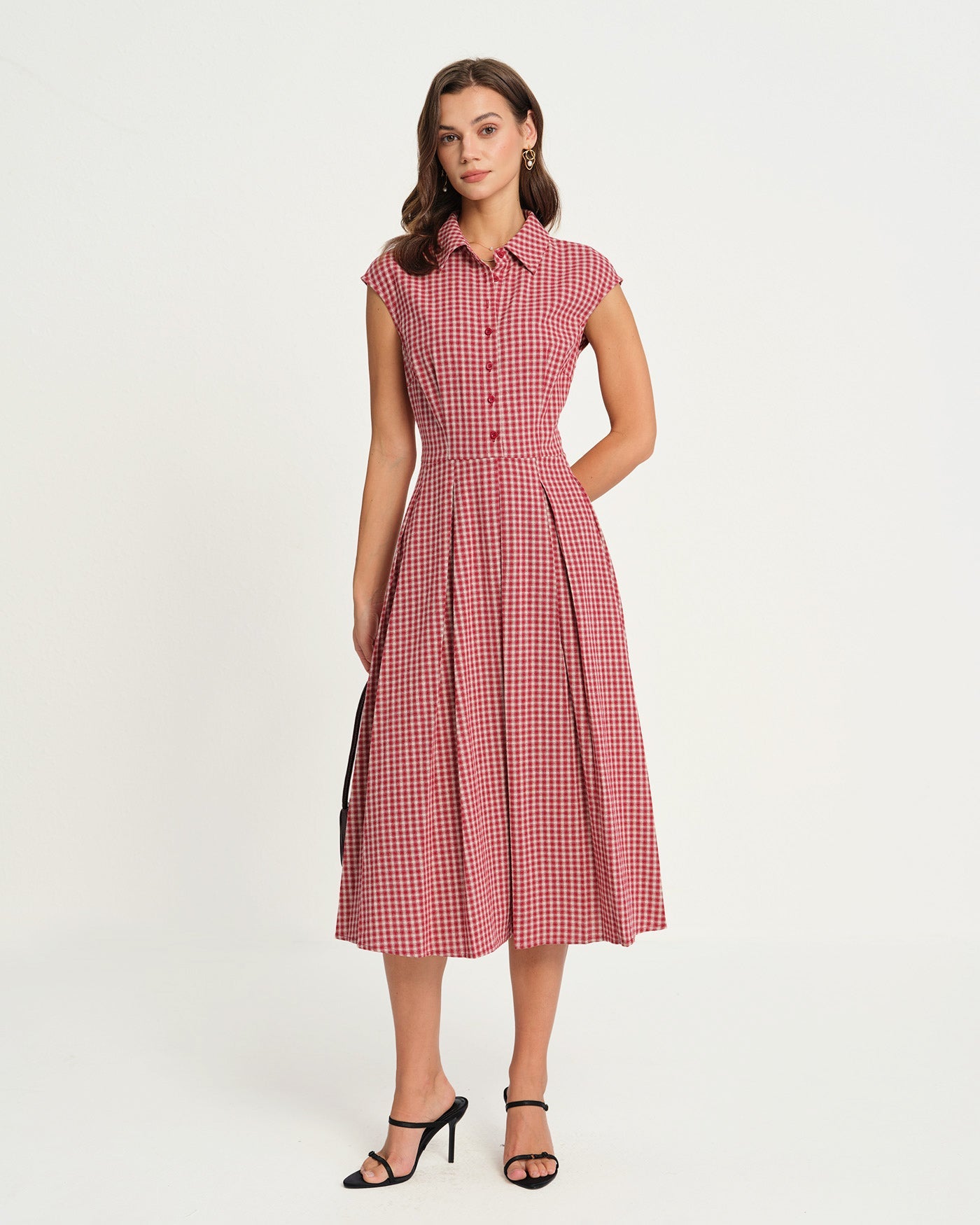 Vestido Midi de Cuello de Cuadros Rojos