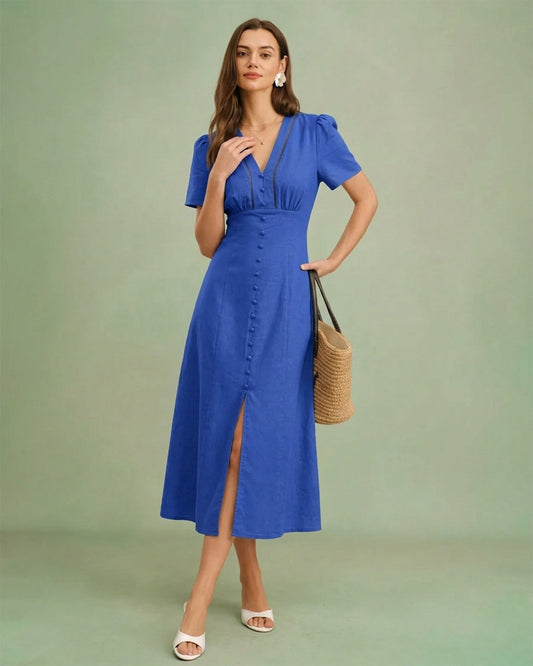 Vestido Midi A-Line de Botones con Escote en V Azul