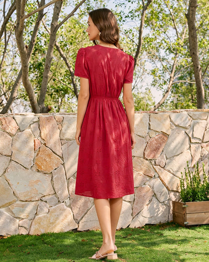 Vestido Midi Bordado con Cuello en V Rojo