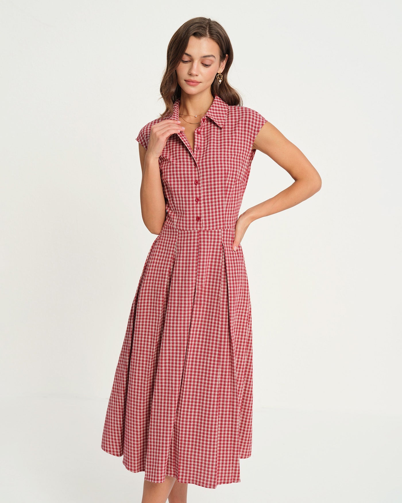 Vestido Midi de Cuello de Cuadros Rojos