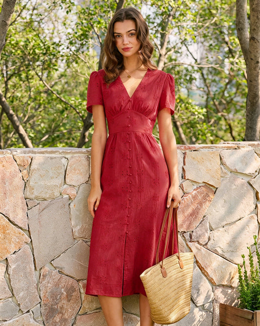 Vestido Midi Bordado con Cuello en V Rojo