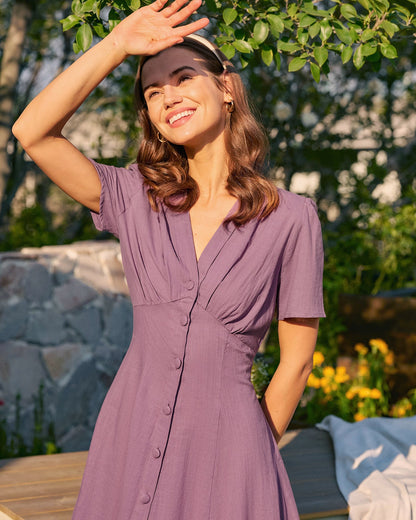 Vestido Midi de Botones con Escote en V Morado
