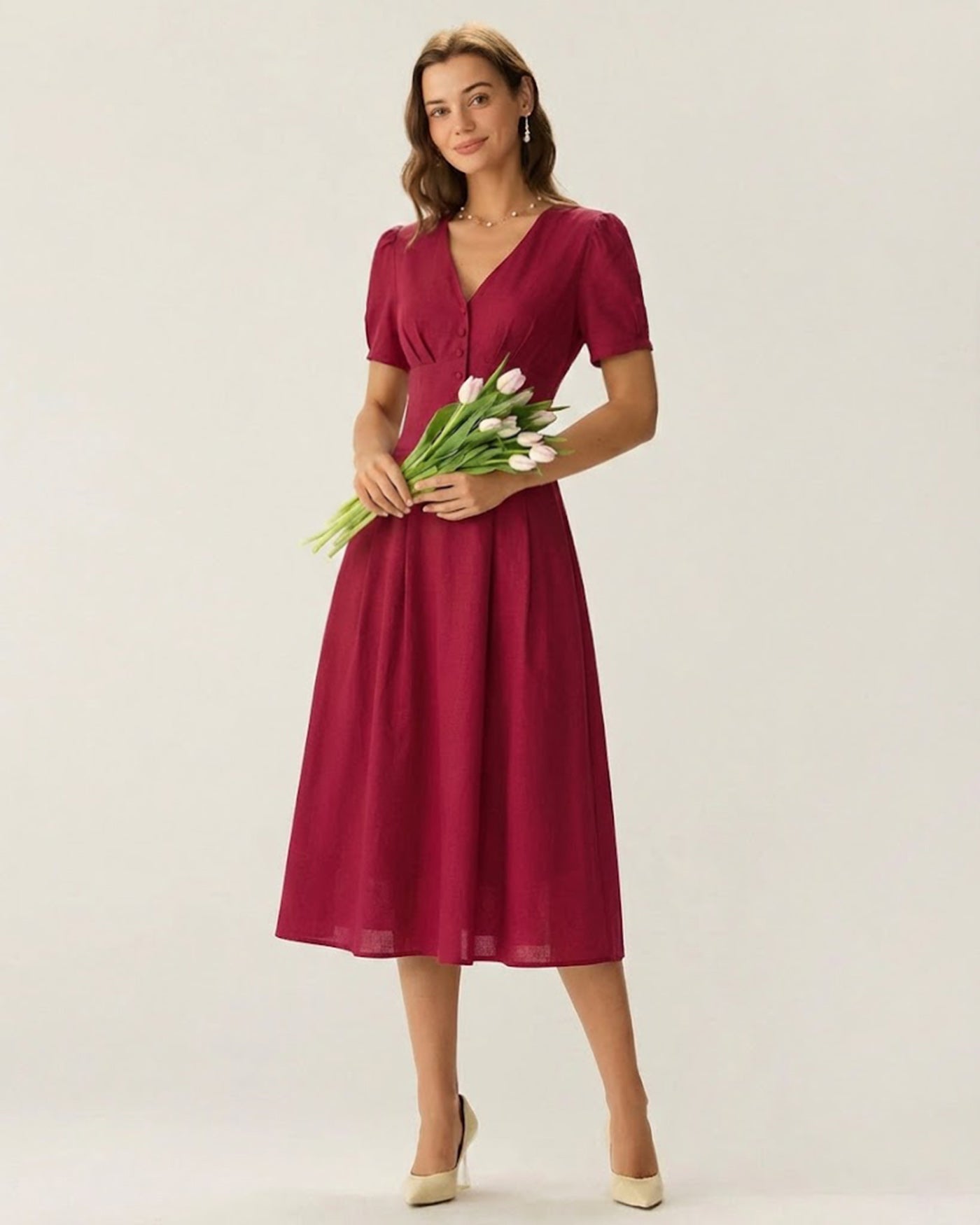 Vestido Midi Rojo con Escote en V