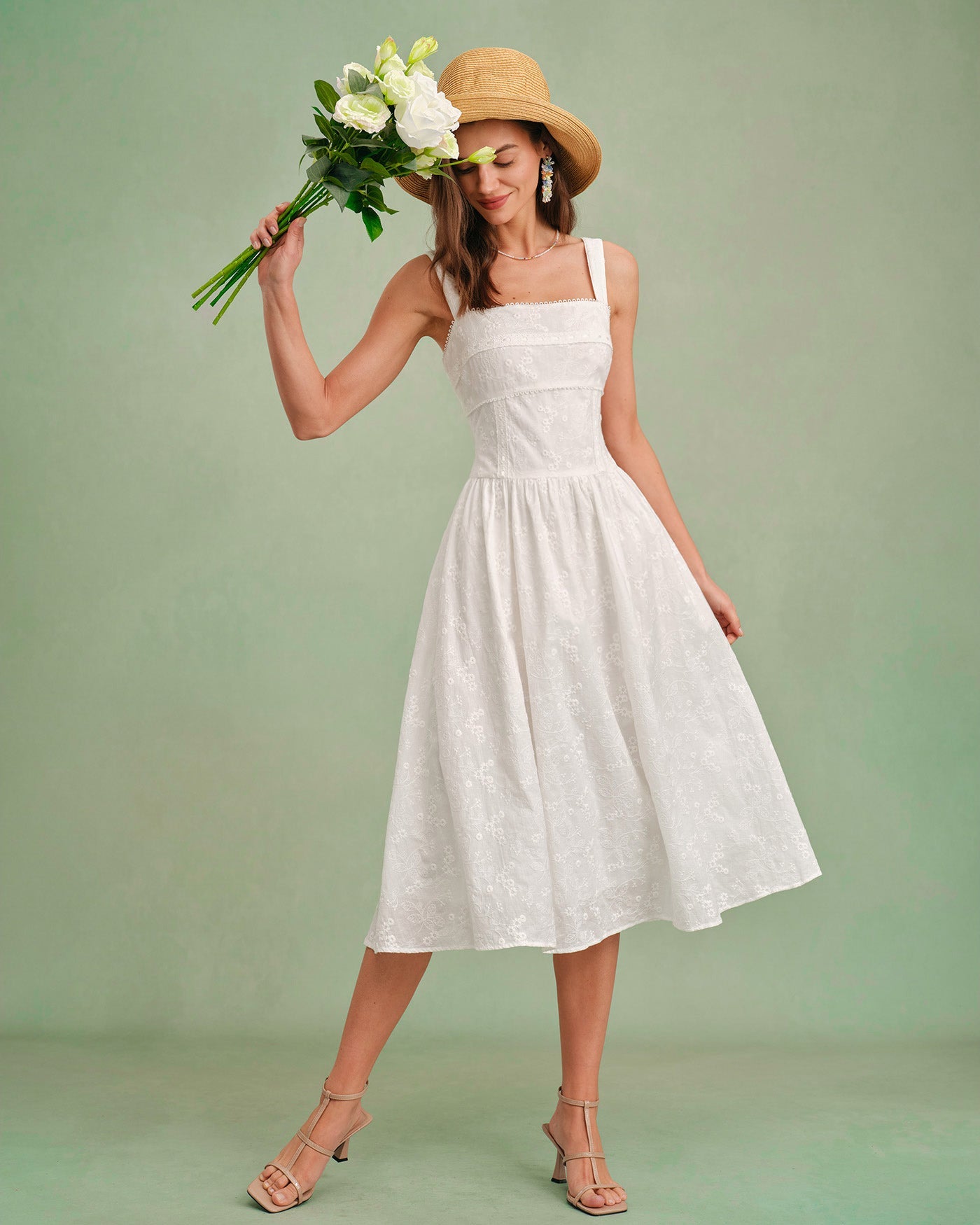 Vestido Midi Deslizante de Cuello Cuadrado Blanco