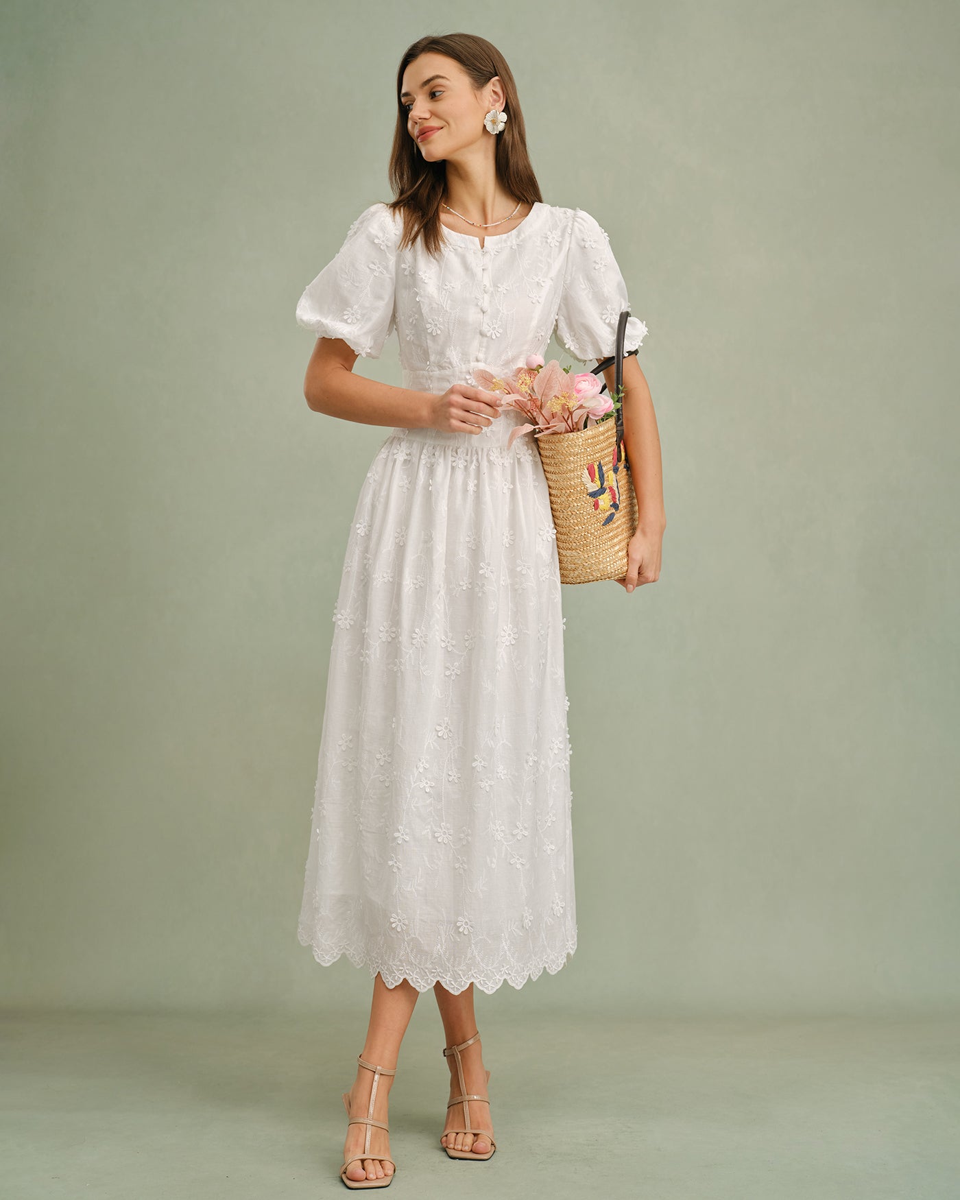 Vestido Midi Floral de Cuello Redondo Blanco