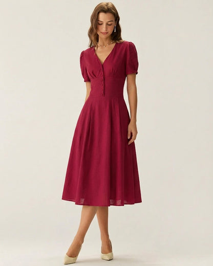 Vestido Midi Rojo con Escote en V