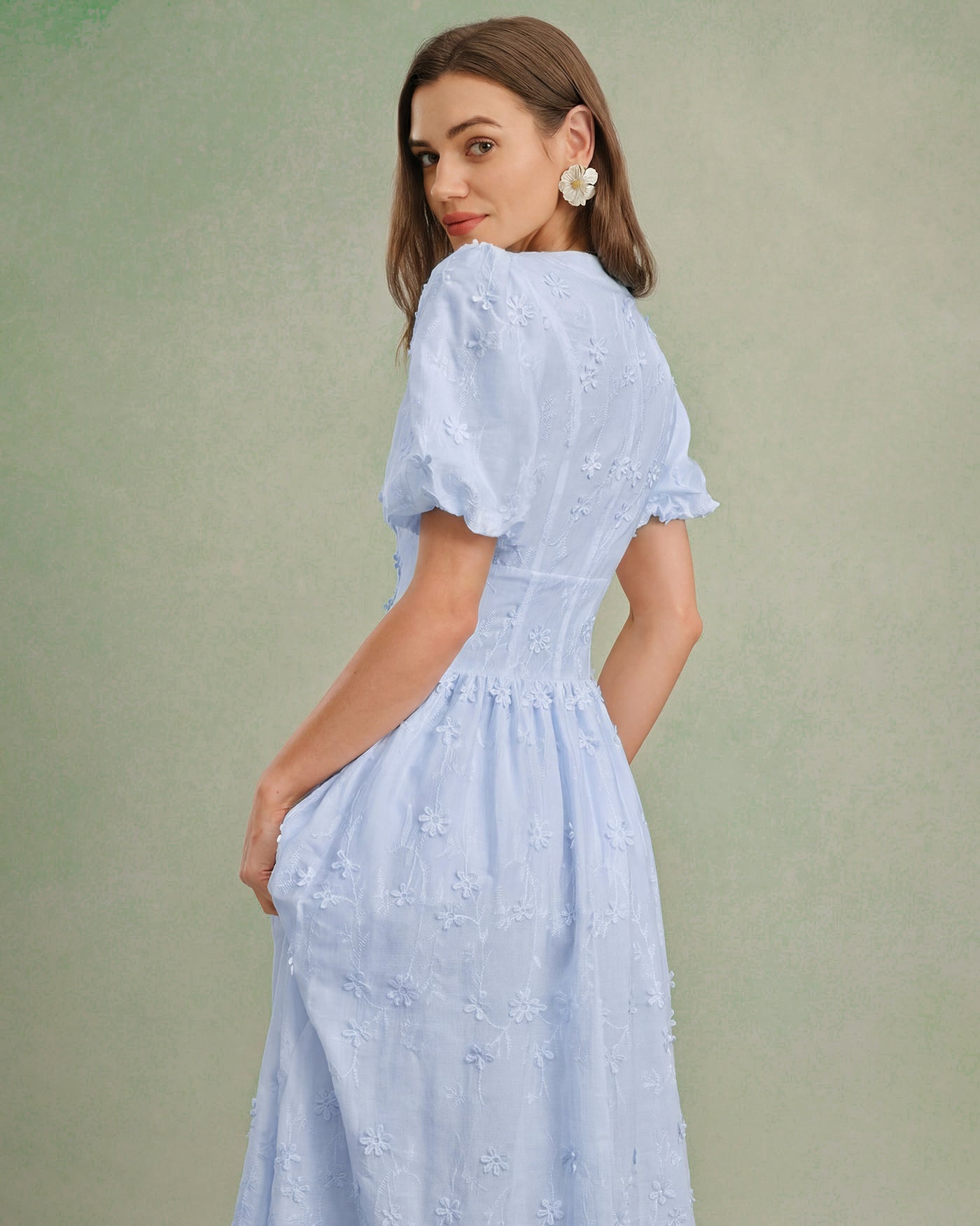 Vestido Midi Texturizado Floral Azul
