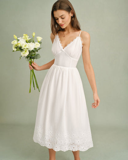 Vestido Midi de Encaje Blanco con Cruce