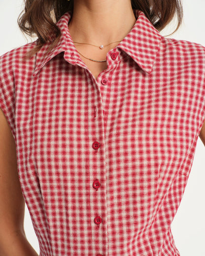 Vestido Midi de Cuello de Cuadros Rojos