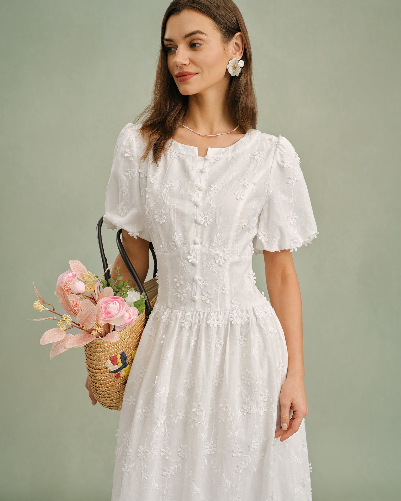 Vestido Midi Floral de Cuello Redondo Blanco