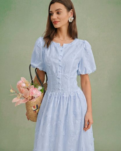 Vestido Midi Texturizado Floral Azul