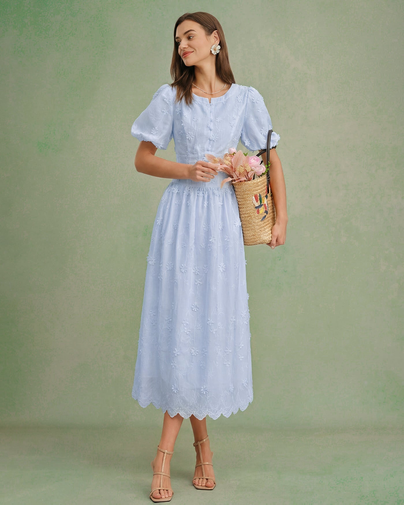 Vestido Midi Texturizado Floral Azul