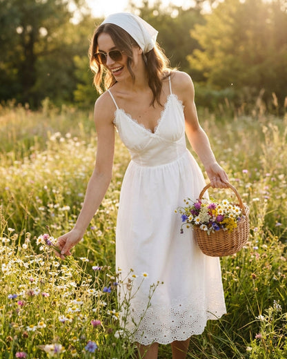 Vestido Midi de Encaje Blanco con Cruce
