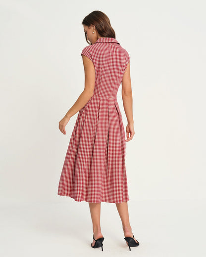 Vestido Midi de Cuello de Cuadros Rojos