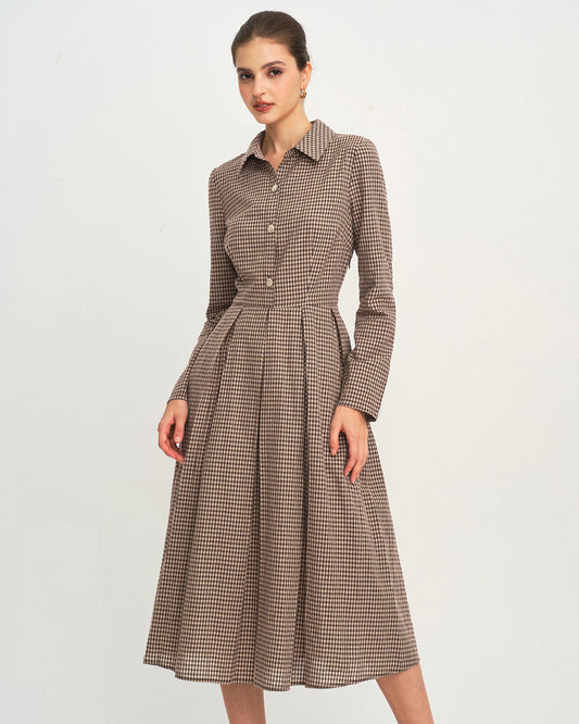 Vestido Midi A-Line de Cuadros Marrón