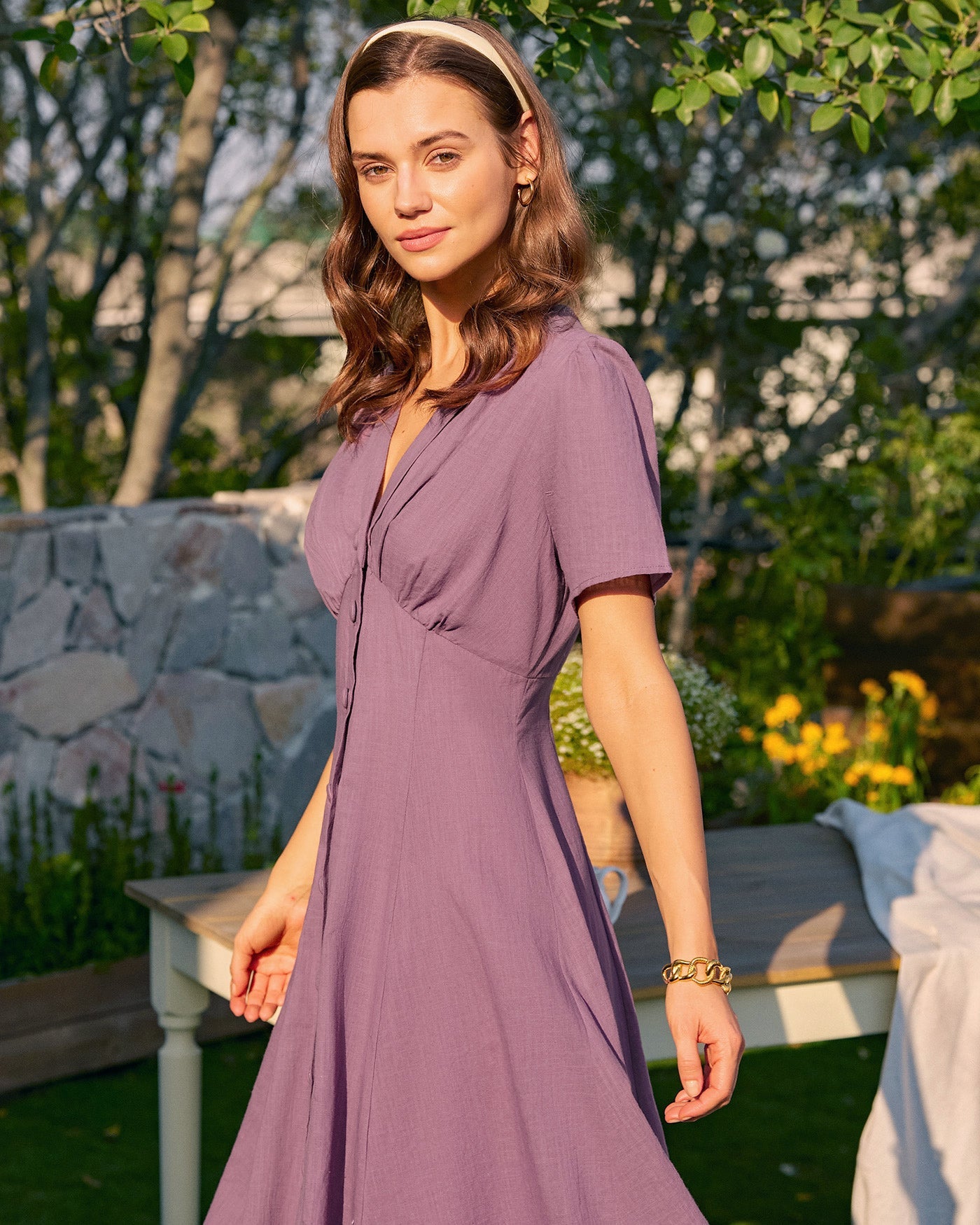 Vestido Midi de Botones con Escote en V Morado