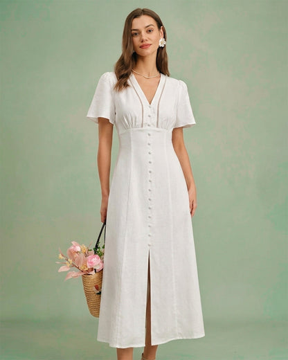 Vestido Midi A-Line Blanco con Cuello en V y Botones