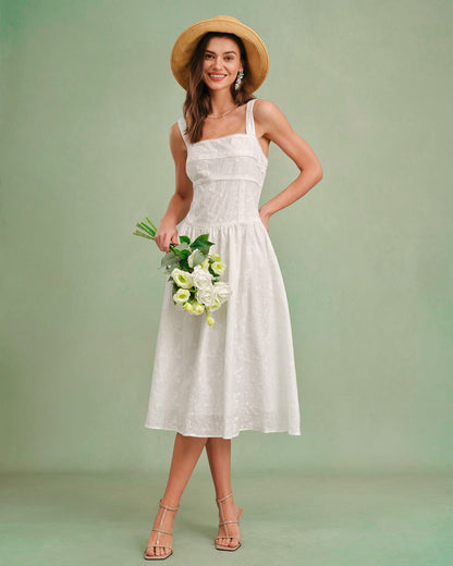 Vestido Midi Deslizante de Cuello Cuadrado Blanco