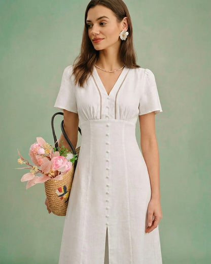 Vestido Midi A-Line Blanco con Cuello en V y Botones