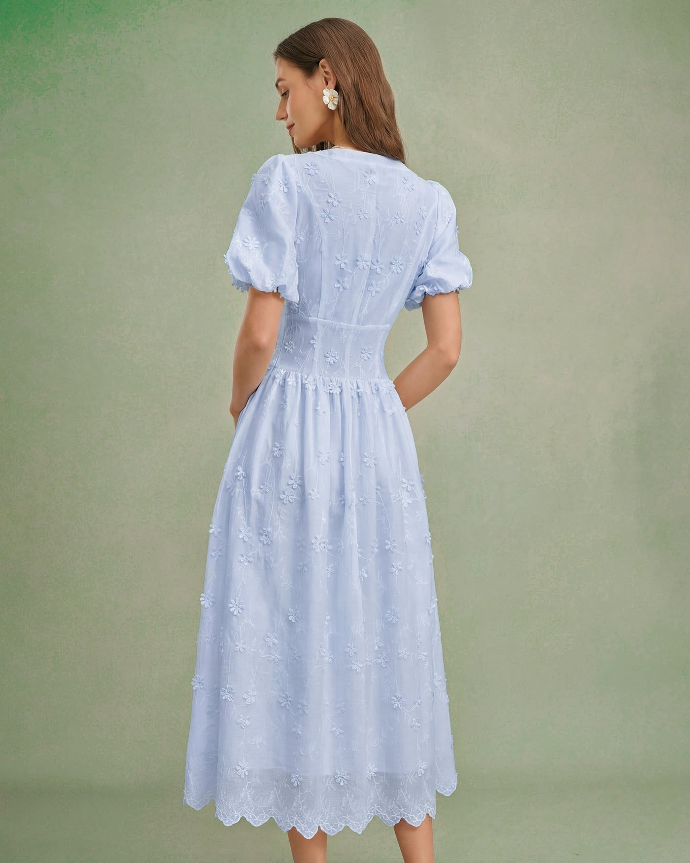 Vestido Midi Texturizado Floral Azul