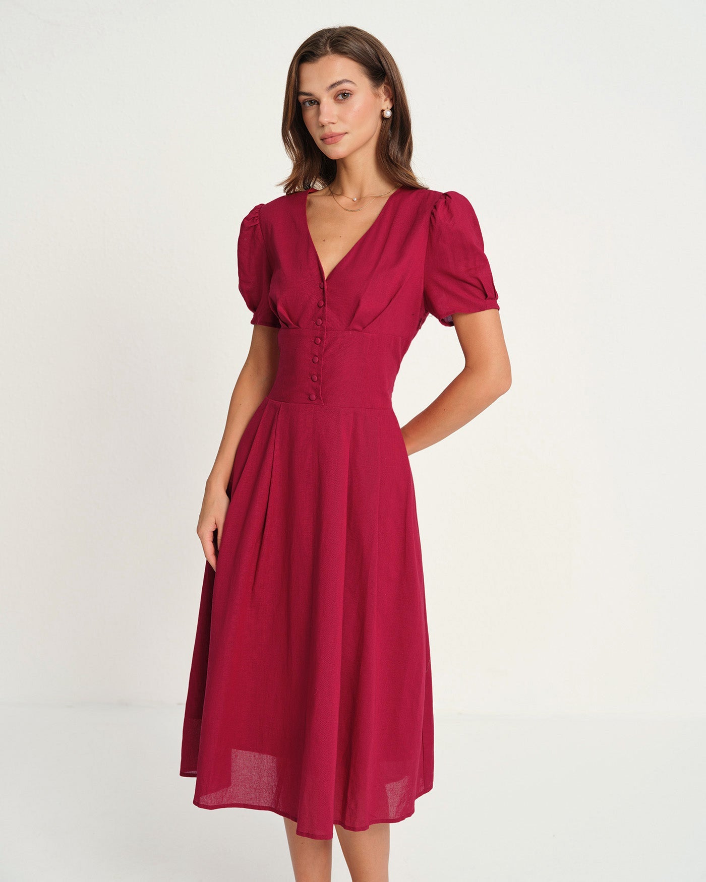 Vestido Midi Rojo con Escote en V