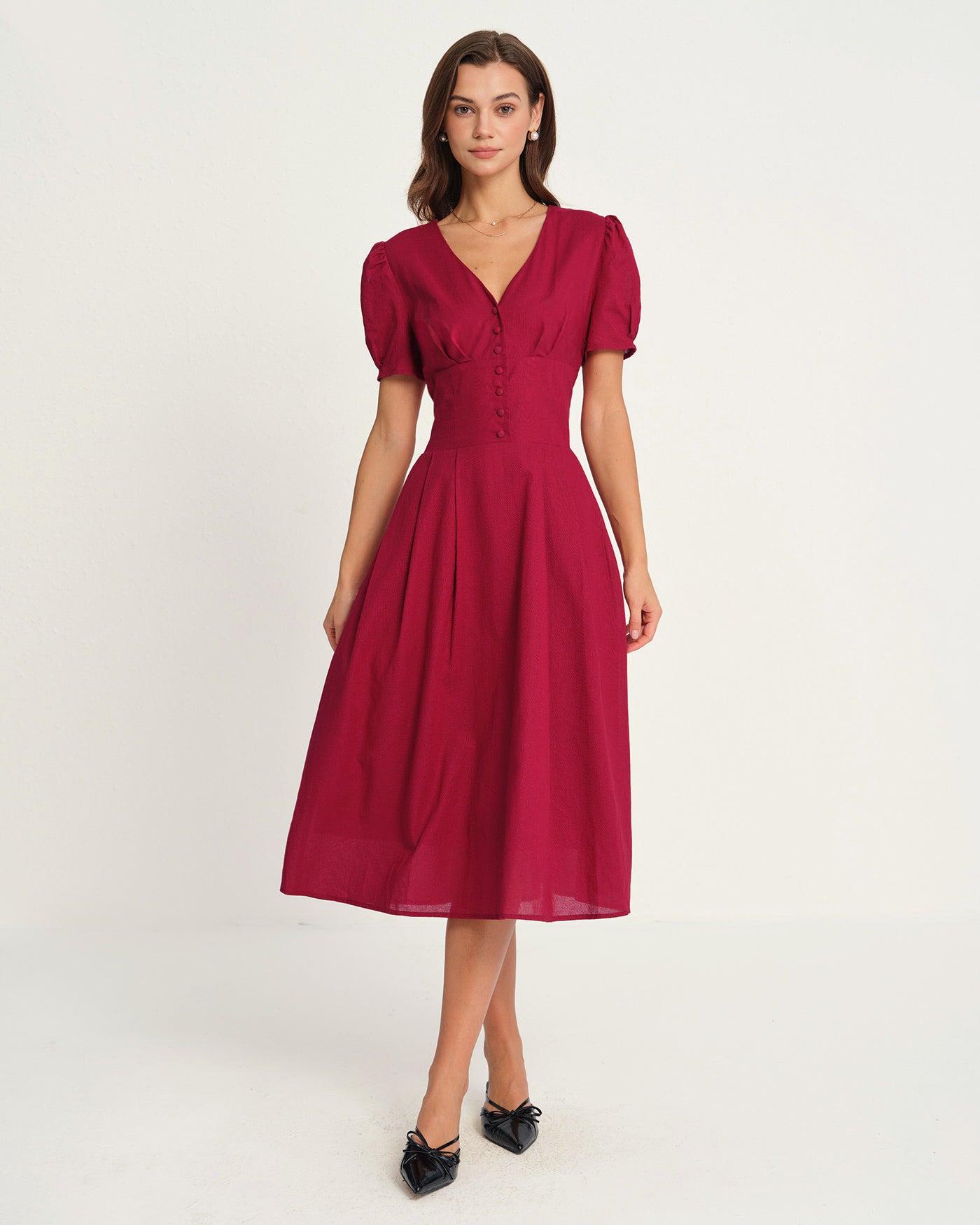 Vestido Midi Rojo con Escote en V