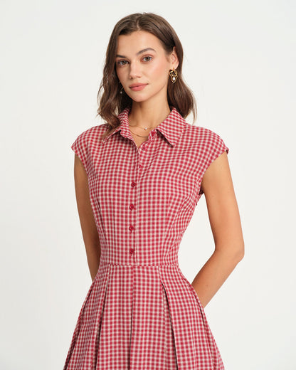 Vestido Midi de Cuello de Cuadros Rojos