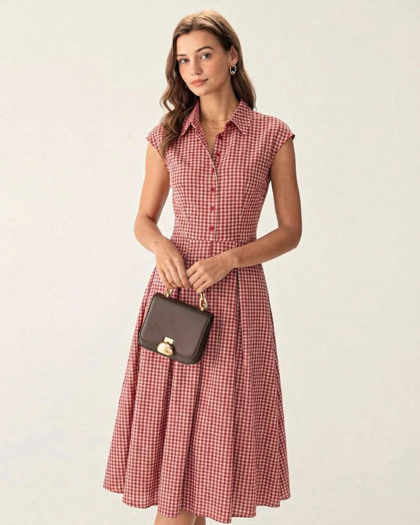 Vestido Midi de Cuello de Cuadros Rojos